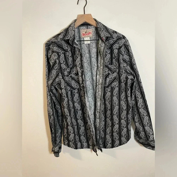 VTG Wrangler American Cowboy Paisley Pearl Snap Shirt Western Rodeo Black/White - Picture 3 of 12